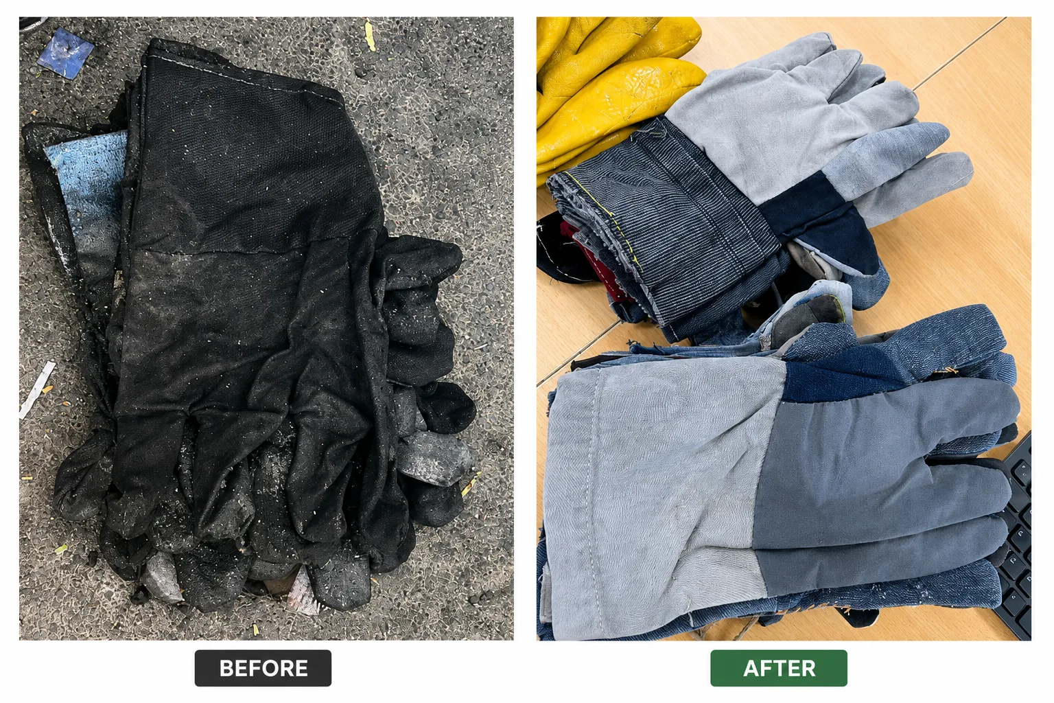 Leather welding gloves before and after recycling